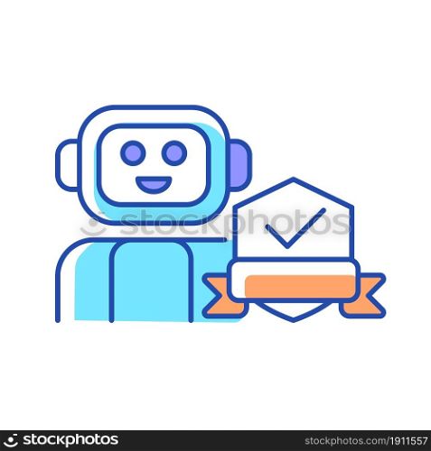 Security robot RGB color icon. Detecting potential intruder. Automated machine for street patrolling. Home safety. Robotic surveillance system. Isolated vector illustration. Simple filled line drawing. Security robot RGB color icon
