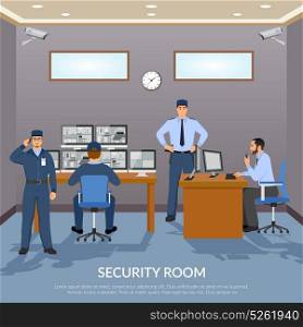 Security Room Illustration. Security room with officers screens clock and table flat vector illustration