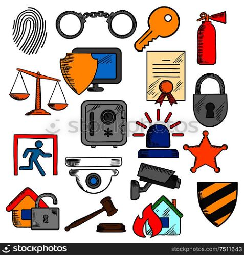 Security, safety and protection icons set with web security shield and padlock, key and safe, video surveillance and fire security, patent and justice scales, handcuffs and fingerprint, extinguisher and sheriff star. Security, safety and protection icons
