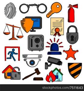 Security, safety and protection icons set with web security shield and padlock, key and safe, video surveillance and fire security, patent and justice scales, handcuffs and fingerprint, extinguisher and sheriff star. Security, safety and protection icons