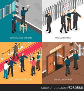 Security Service 4 Isometric Icons Square. Celebrities bodyguards professional protective security service daily activities concept 4 isometric icons square poster isolated vector illustration