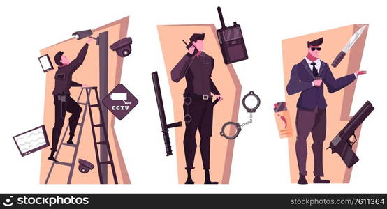 Security service flat compositions with people working bodyguard home and office safety isolated vector illustration