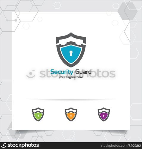 Security shield logo design with concept of protection shield vector and technology icon for data privacy, anti virus and system security.