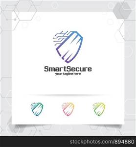 Security shield logo design with concept of protection shield vector and technology icon for data privacy, anti virus and system security.