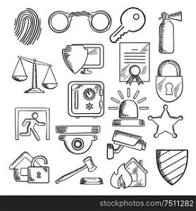 Security sketch icons set with web security shield and padlock, key and safe, video surveillance, fire security, justice scales and handcuffs, fingerprint, extinguisher and sheriff star. Security and protection icons in sketch style