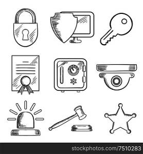 Security sketched icons set with padlock, computer security virus, certificate, key, police alarm, gavel and sheriff star. Sketch style. Security and safety sketched icons set