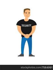 Security standing on entrance strong character vector. Body guard of club, safety person with big muscles, person working in entertaining instance. Security Standing on Entrance Strong Character
