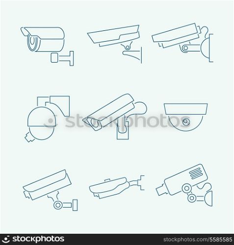 Security surveillance monitoring cameras contour icons set isolated vector illustration