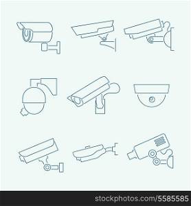 Security surveillance monitoring cameras contour icons set isolated vector illustration