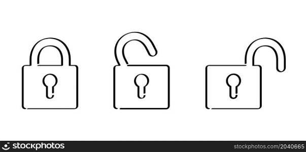 Security symbol. Padlock icons. closed, half open and open icon. closed lock, opened lock, keyhole in head, Flat vector locks signs. Close or open padlocks.