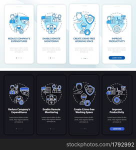 Security system onboarding mobile app page screen set. Monitoring walkthrough 4 steps graphic instructions with concepts. UI, UX, GUI vector template with linear night and day mode illustrations. Security system onboarding mobile app page screen set