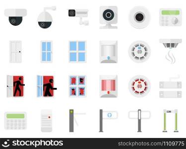 Security system set icons of video cameras, detectors, turnstiles, access control. Sensors for doors and windows, motion sensors and smoke sensors at rest and of alarm. Icons for a security store.. Security system set icons of video cameras, detectors, turnstiles, access control. Vector stock illustration
