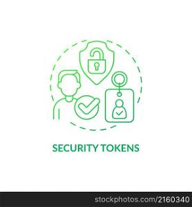 Security tokens green gradient concept icon. Blockchain sensitive information safety abstract idea thin line illustration. Isolated outline drawing. Roboto-Medium, Myriad Pro-Bold fonts used. Security tokens green gradient concept icon