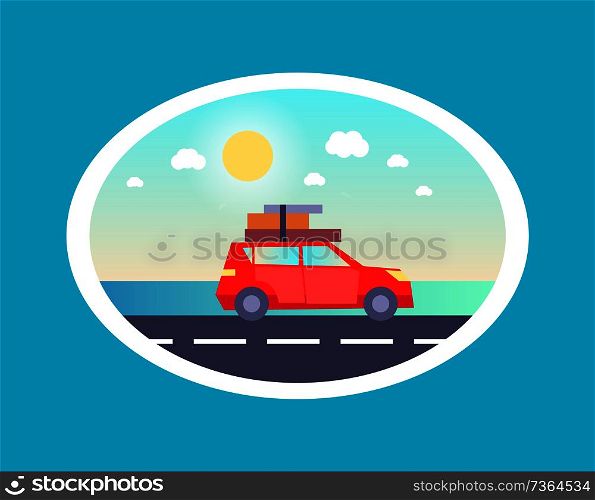 Sedan car with luggages on top going to rest vector illustration of transport vehicle on road on background of blue sky in oval frame isolated blue.. Sedan Car Luggages Top Going Holiday Rest Vector