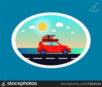 Sedan car with luggages on top going to rest vector illustration of transport vehicle on road on background of blue sky in oval frame isolated blue.. Sedan Car Luggages Top Going Holiday Rest Vector
