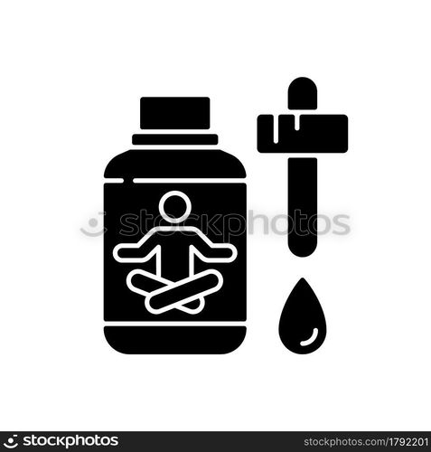 Sedative drops black glyph icon. Tension, anxiety reducing. Calming medication. Help with sleeping. Inducing overly-calming effect. Silhouette symbol on white space. Vector isolated illustration. Sedative drops black glyph icon