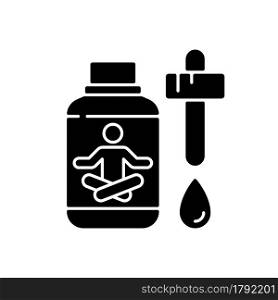 Sedative drops black glyph icon. Tension, anxiety reducing. Calming medication. Help with sleeping. Inducing overly-calming effect. Silhouette symbol on white space. Vector isolated illustration. Sedative drops black glyph icon