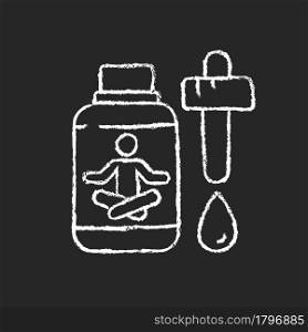 Sedative drops chalk white icon on dark background. Tension, anxiety reducing. Calming medication. Help with sleeping. Inducing overly-calming effect. Isolated vector chalkboard illustration on black. Sedative drops chalk white icon on dark background