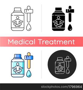 Sedative drops icon. Tension, anxiety reducing. Calming medication. Help with sleeping. Tranquilizer. Inducing overly-calming effect. Linear black and RGB color styles. Isolated vector illustrations. Sedative drops icon
