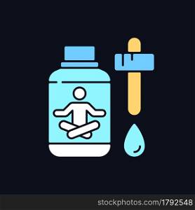Sedative drops RGB color icon for dark theme. Reduce tension, anxiety. Calming drug. Help with sleeping. Isolated vector illustration on night mode background. Simple filled line drawing on black. Sedative drops RGB color icon for dark theme
