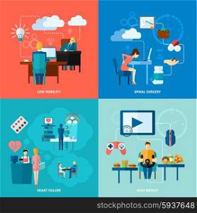 Sedentary design concept set with low mobility flat icons isolated vector illustration. Sedentary Icon Flat