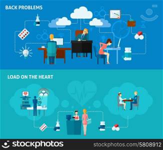 Sedentary horizontal banner set with back and heart problems elements isolated vector illustration. Sedentary Banner Set