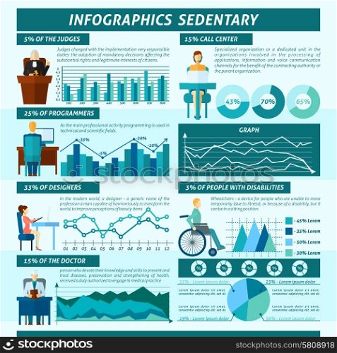 Sedentary infographics set with passive inactive work and lifestyle information vector illustration. Sedentary Infographics Set