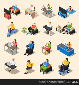 Sedentary Life Icon Set. Sedentary icon isometric collection of sixteen isolated image compositions of sitting human characters at different work vector illustration