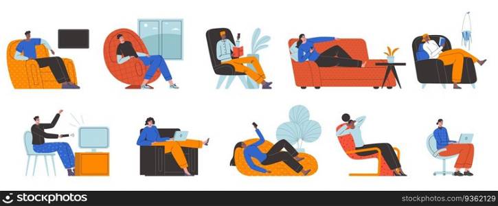 Sedentary lifestyle cartoon people. Lazy guys and girls lying on sofas. Inactive men and women sitting in armchairs. Apathetic and tired characters. Comfortable couches. Vector relaxing persons set. Sedentary lifestyle cartoon people. Guys and girls lying on sofas. Men and women sitting in armchairs. Apathetic and tired characters. Comfortable couches. Vector relaxing persons set