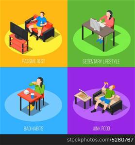 Sedentary Lifestyle Design Concept. Sedentary icon isometric design concept with compositions of faceless human characters sitting during work and rest vector illustration