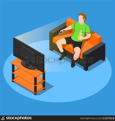 Sedentary lifestyle isometric composition of faceless male character with bottle of beer on couch watching television vector illustration. Watch Some TV Composition