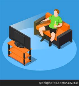 Sedentary lifestyle isometric composition of faceless male character with bottle of beer on couch watching television vector illustration. Watch Some TV Composition