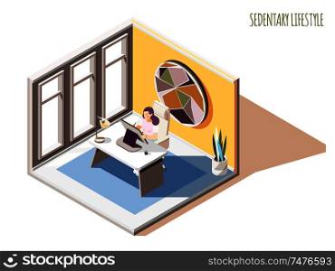 Sedentary lifestyle isometric composition with text and female character sitting at table in her working room vector illustration