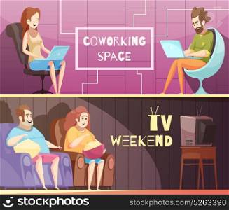 Sedentary Lifestyle Retro Cartoon Banners. Sedentary lifestyle retro cartoon horizontal banners with sitting job and heavy people near tv isolated vector illustration
