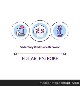 Sedentary workplace behavior concept icon. Sitting in front of desk during all workday. Posture problems idea thin line illustration. Vector isolated outline RGB color drawing. Editable stroke. Sedentary workplace behavior concept icon