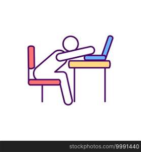 Sedentary workplace behavior RGB color icon. Awkward working posture. Occupational risk. Keeping physical activity during working hours. Public health issue. Isolated vector illustration. Sedentary workplace behavior RGB color icon