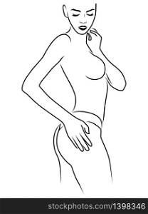 Seductive and gentle young woman touches her hips, side view, illustration isolated on the white