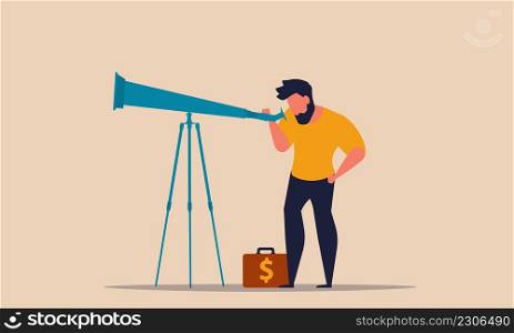 See ahead business and look to future career on telescope. Investment arrow goal and management vector illustration concept. Motivate rise and vision opportunity leadership. Forecast direction job