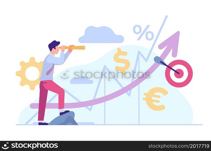 See future. Man with telescope looks into distance. Businessman finding goal or right path. Growing schedules. Successful startup. Financial investment perspective progress infographic. Vector concept. See future. Man with telescope looks into distance. Businessman finding goal or path. Growing schedules. Successful startup. Financial investment perspective infographic. Vector concept