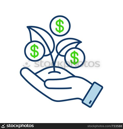 Seed money color icon. Seed funding, capital. Business development. Hand holding sprout with dollar coins. Early investment. Financing, budgeting. Isolated vector illustration. Seed money color icon