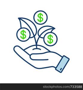 Seed money color icon. Seed funding, capital. Business development. Hand holding sprout with dollar coins. Early investment. Financing, budgeting. Isolated vector illustration. Seed money color icon