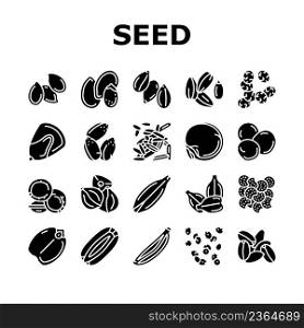 Seed Plant Agriculture Culture Icons Set Vector. Amaranth And Sunflower, Sesame Flax, Chia Mustard Agricultural Seed. Vegetable And Fruit Growing Vitamin Product Glyph Pictograms Black Illustrations. Seed Plant Agriculture Culture Icons Set Vector