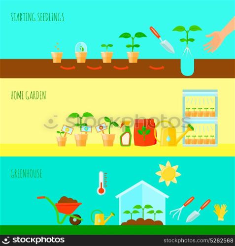 Seedling Banners Set. Seedling horizontal banners set with greenhouse symbols flat isolated vector illustration