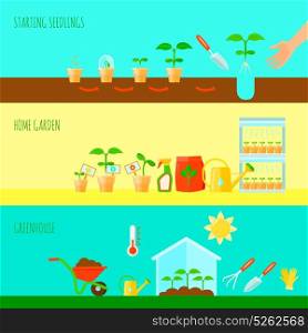 Seedling Banners Set. Seedling horizontal banners set with greenhouse symbols flat isolated vector illustration