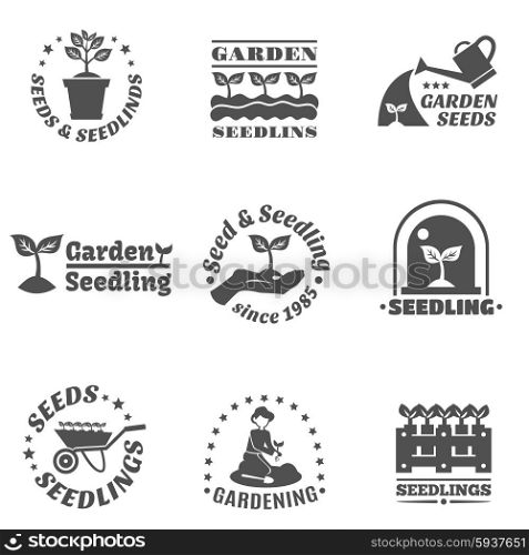 Seedling farming and garden black label set isolated vector illustration. Seedling Label Set