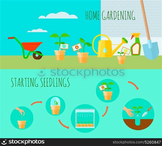 Seedling Horizontal Banners Set. Seedling horizontal banners set with home gardening symbols flat isolated vector illustration
