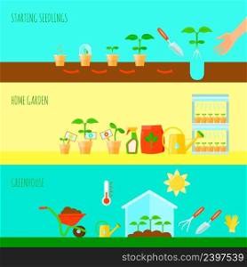 Seedling horizontal banners set with greenhouse symbols flat isolated vector illustration. Seedling Banners Set