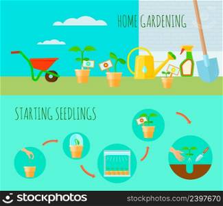 Seedling horizontal banners set with home gardening symbols flat isolated vector illustration. Seedling Horizontal Banners Set