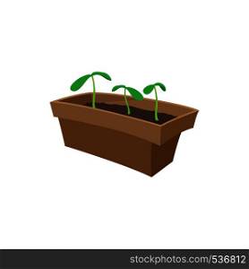 Seedling icon in cartoon style isolated on white background. Seedlings in a box. Seedling icon, cartoon style