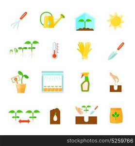 Seedling Icons Set. Seedling icons set with equipment symbols flat isolated vector illustration